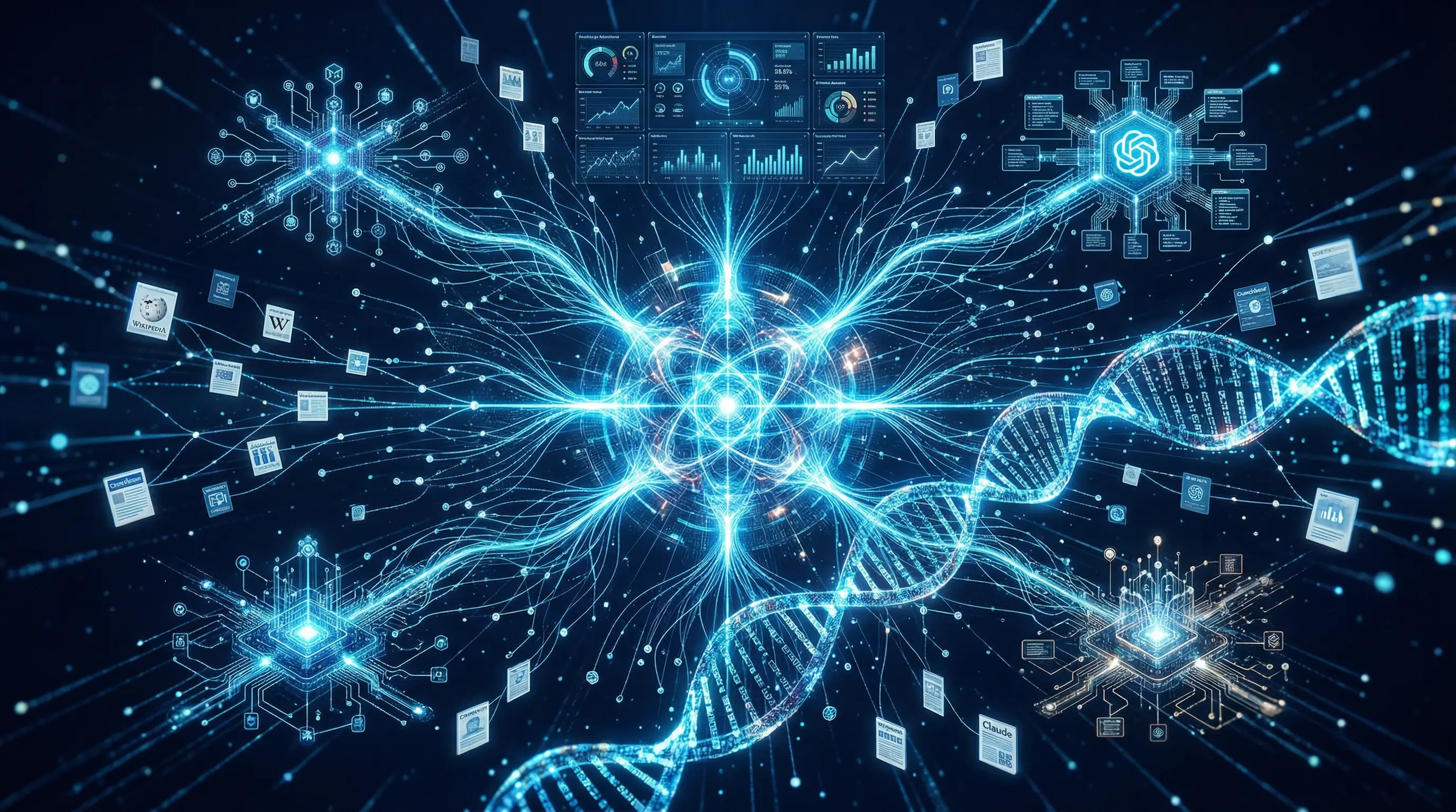 Generative Engine Optimisation - brand entity knowledge graph with AI model interfaces showing ChatGPT, Gemini, Claude and Perplexity