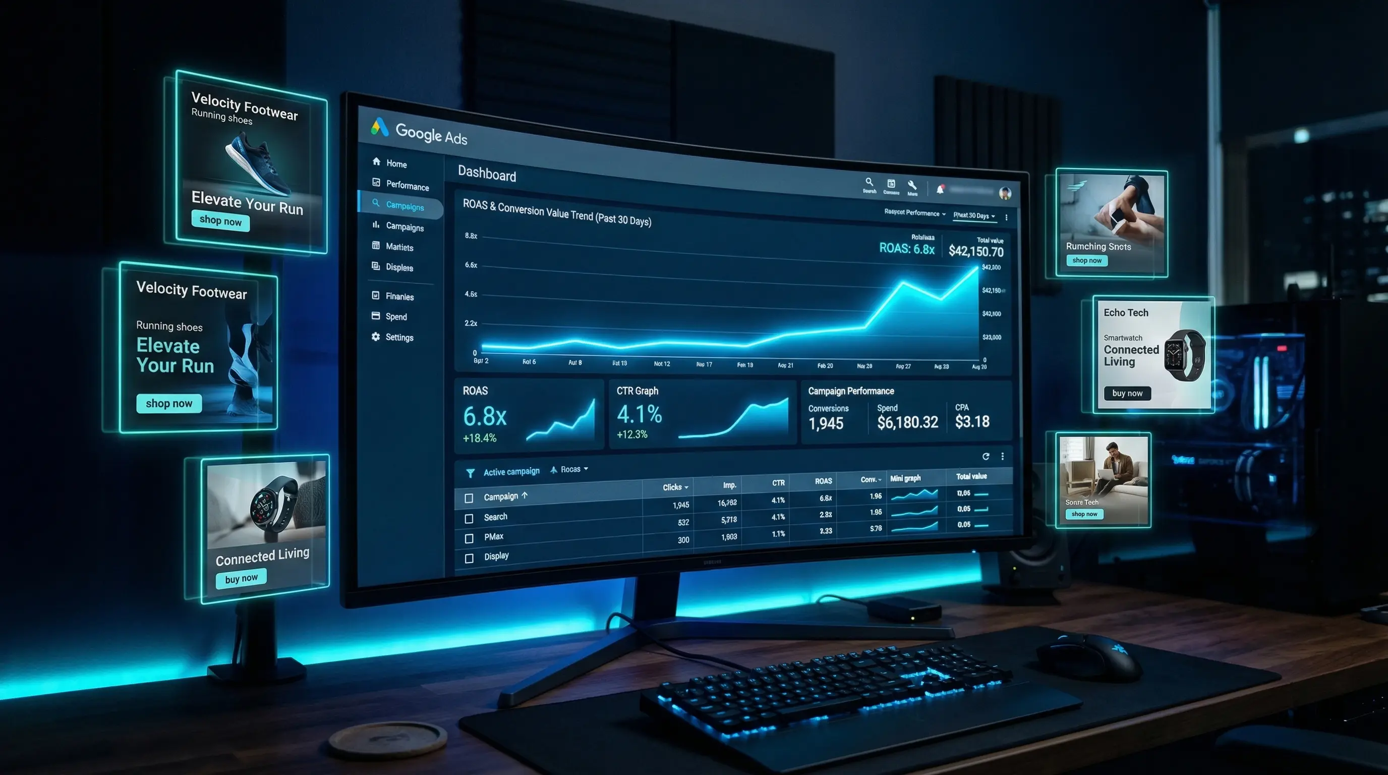 Google Ads Management - campaign dashboard with ROAS metrics and rising performance charts