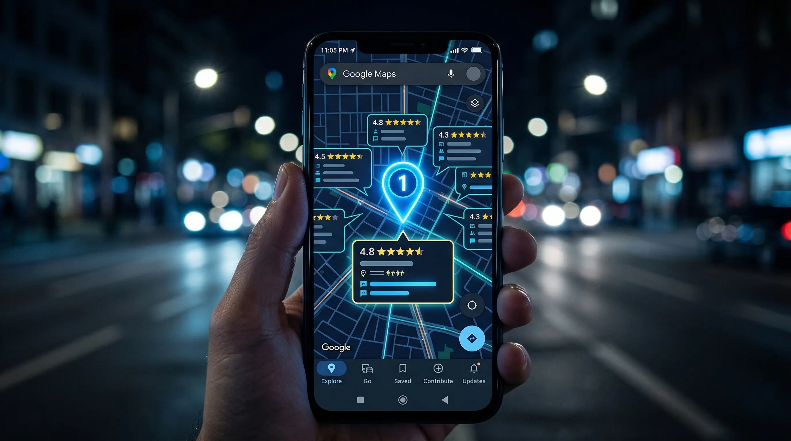 Local SEO - Google Maps first-place ranking with star ratings and review cards for local businesses