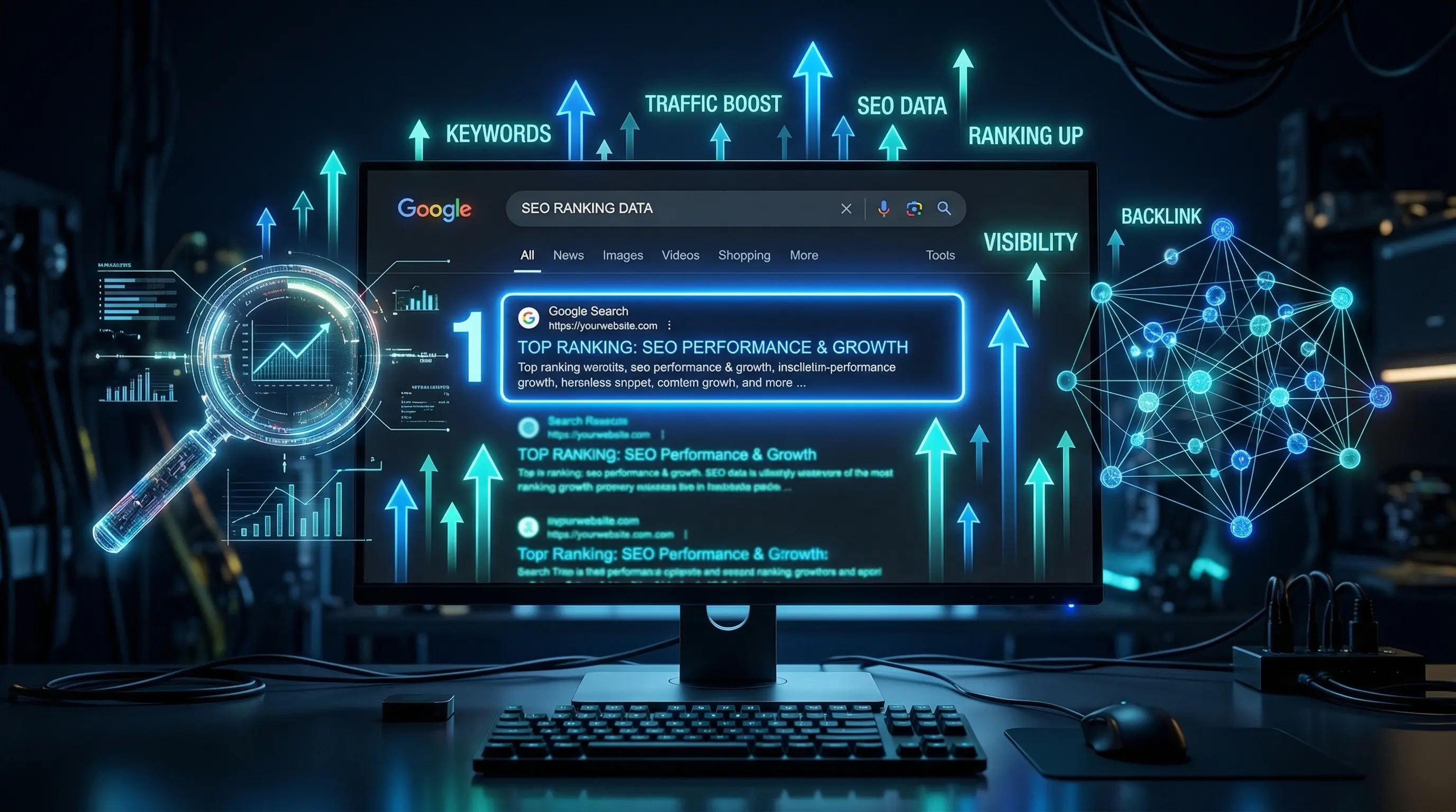 SEO Services - Google search ranking dashboard showing position-one results for VGraple clients